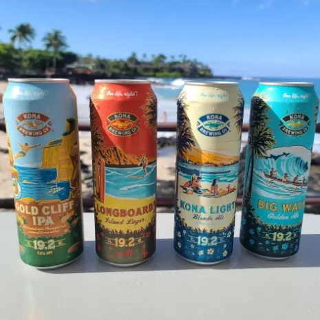 Four cans of Kona beer with a view of the ocean beyond